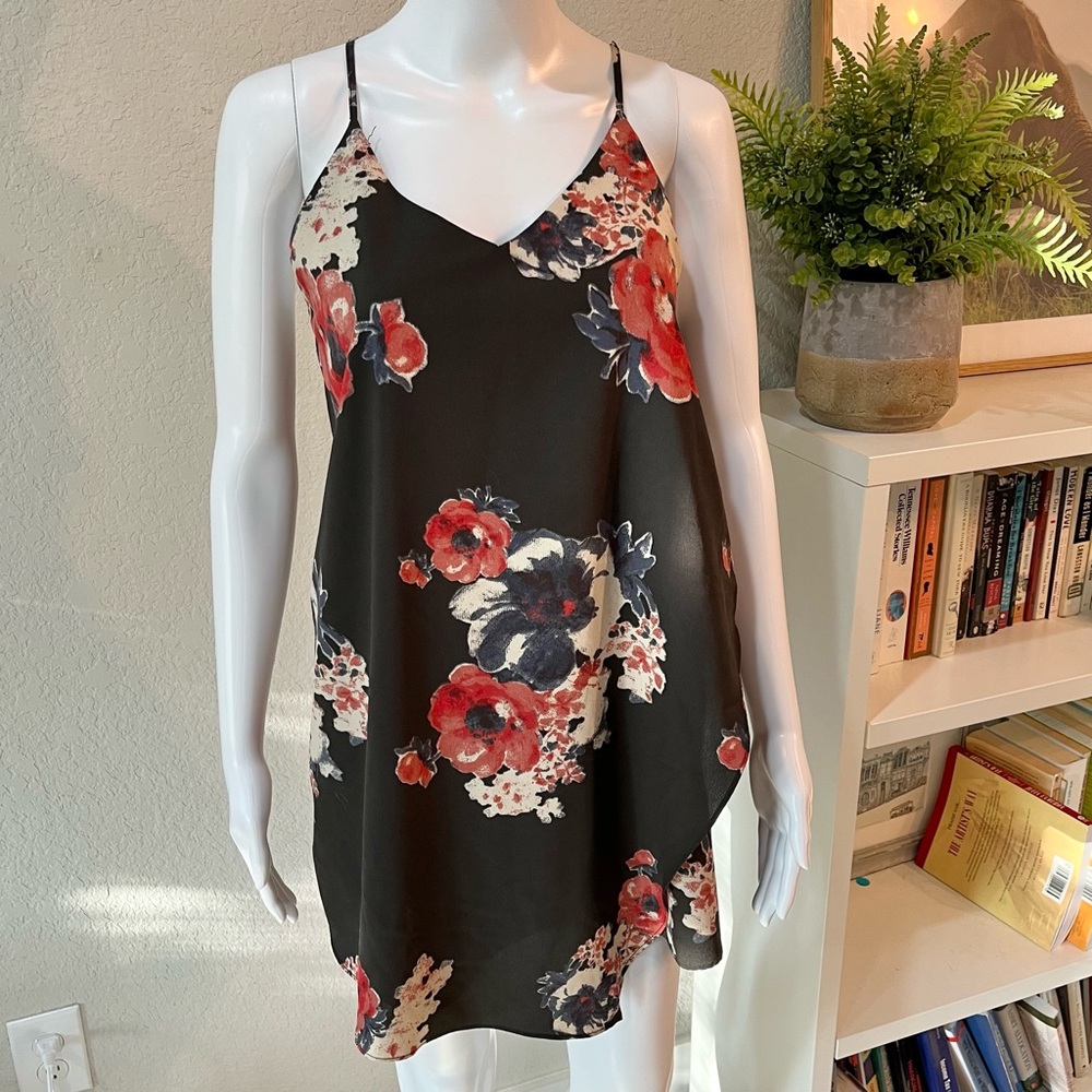 Floral Slip Dress with Red and Black Floral Design